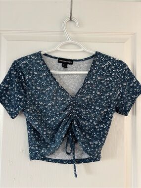 Streetwear Society Navy Blue Floral Drawstring V-Neck Crop Top